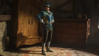 Fable official screenshot showing a guy looking proud of himself in front of a wardrobe in a silly outfit