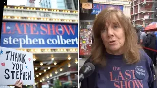 Split screen. Left, person holding sign supporting Stephen Colbert outside theater. Right, person reacting.