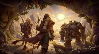 Three fantasy characters emerge from a dark cave into bright setting sunlight, and look out towards a mountainous, green world beyond. They appear to be an elf, a human and a dwarf - the quintessential fantasy paring - and I assume they're on a thrilling adventure.