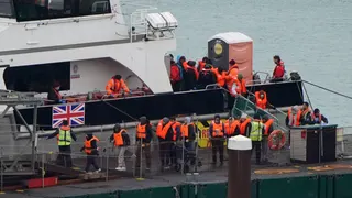 A group of people thought to be migrants are brought in to the Border Force compound in Dover, Kent, from a Border Force vessel following a small boat incident in the Channel.