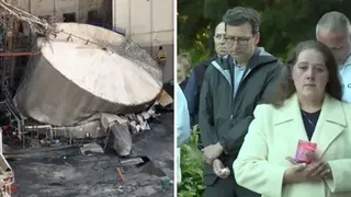 Left, the erupted tank. Right, a woman and mourners look on.