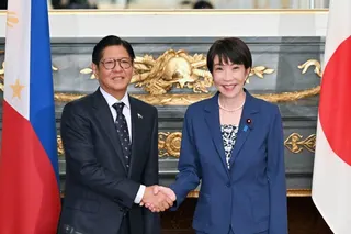 Japanese Prime Minister Sanae Takaichi (right) and Philippine President Ferdinand Marcos Jnr (left) shake hands before talks in Tokyo on May 28, 2026. Photo: Kyodo