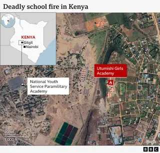Satellite map showing the town of Gilgil in Kenya with surrounding roads, buildings, and farmland. A label marks “Utumishi Girls Academy” on the northeastern edge of the town. An inset map in the top left shows Kenya with Nairobi highlighted to indicate location. The main map labels “Gilgil” at the centre. The image is credited to Google with BBC branding.