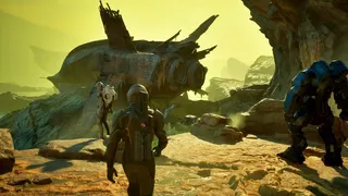 A man in a space suit walks out on a yellow planet.