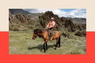 Reuters Vladimir Putin is topless on horseback against a mountainous backdrop. He is wearing sunglasses and dark green military-style trousers.