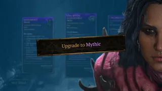 "Upgrade to Mythic" box overlaid over some text that's been blurred, with a woman staring in half-profile behind