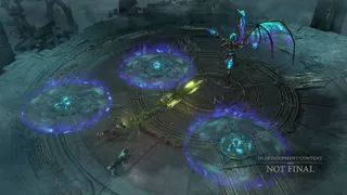 A new boss in Diablo 4 in a green arena, surrounded by AoE effects and projectiles.
