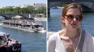 Split-screen showing packed river cruise in Paris on the left, and woman wearing sunglasses on the right being interviewed