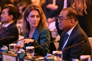 Netherlands' Deputy Prime Minister and Defence Minister Dilan Yesilgoz-Zegerius (left) and Malaysia's Defence Minister Mohamed Khaled Nordin attend a plenary session of the 23rd Shangri-La Dialogue summit in Singapore today. - AFP pic