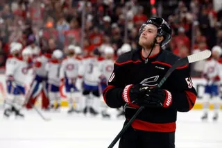 The Hurricanes' Eric Robinson celebrates following Game 5 of the Eastern Conference final, where Carolina eliminated the Montreal Canadiens to reach the Stanley Cup final.
