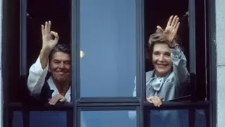 Getty Images President Ronald Reagan, recovering from cancer surgery, waves from window at Bethesda Naval Hospital, with his wife Nancy beside him