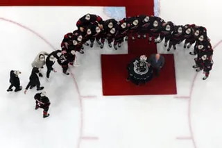 The Carolina Hurricanes accept the Prince of Wales trophy following Game 5 of the Eastern Conference final on Friday night.