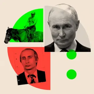 BBC A treated image showing from bottom right: a young Vladimir Putin in a suit and tie, topless Putin on horseback, and Putin in 2022