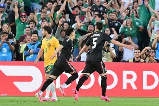 Mexico's defender #05 Johan Vasquez celebrates after scoring a goal during a friendly football match between Mexico and Australia at The Rose Bowl in Pasadena, California, on May 30, 2026. (Photo by Frederic J. Brown / AFP)