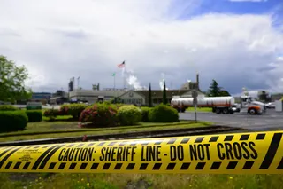 Emergency tape in front of the Nippon Dynawave Packaging facility in Longview, Washington on May 26.