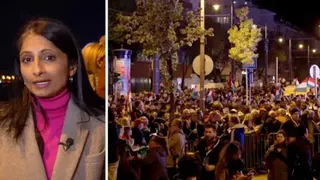 Composite image of Rajini Vaidyanathan in blazer and pictures of a crowd