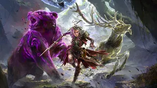 Key art of a new huntress ascendancy in Path of Exile 2's Return of the Ancients expansion. A woman holds a spear and is accompanied by a spirit bear and elk in a forest.
