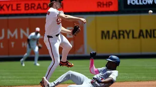 Baltimore Orioles shortstop Gunnar Henderson turning a double play at Oriole Park at Camden Yards