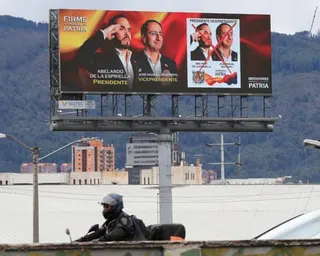 An election campaign billboard for Abelardo de la Espriella is displayed in Bogotá, Colombia