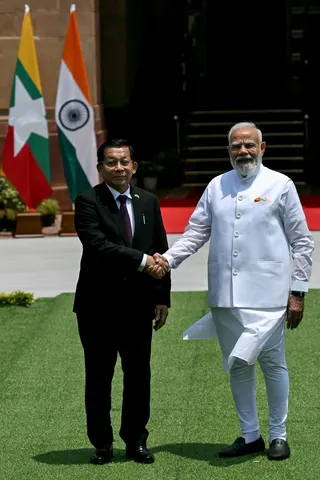 India's Prime Minister Narendra Modi (R) shakes hands with Myanmar's President Min Aung Hlaing before their meeting at the Hyderabad House in New Delhi on June 1, 2026. — AFP pic