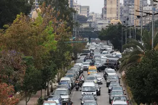 Traffic clogs an exit route as residents flee the southern suburbs of Beirut on Monday. Photo: Reuters
