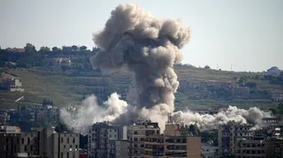 Smoke billows from southern Lebanon, following Israeli strikes, as seen from Nabatieh, Lebanon, May 31, 2026.