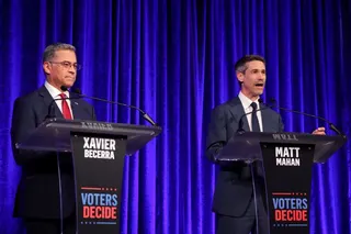 Candidates Xavier Becerra and Matt Mahan attend a debate in the race for governor of California, hosted by the San Francisco Examiner and CBS, in San Francisco, California, U.S., May 14, 2026. REUTERS/Carlos Barria