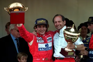McLaren legend Ayrton Senna of Brazil (left) with team manager Ron Dennis after winning the 1993 Monaco Grand Prix. Photo: Reuters