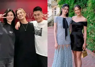 王嘉尔（左图中）是何猷君夫妇的好友。谷爱凌（右图右）飞法国祝贺奚梦瑶。（互联网）