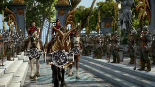 An army standing aside some important people on horseback in Dragon Age Inquisition, also everyone's wearing the watch from 007 First Light.