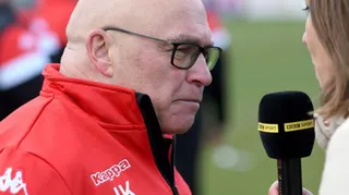 John Kear is interviewed by the BBC's Tanya Arnold before a Challenge Cup match between Bradford Bulls and Leeds in 2019