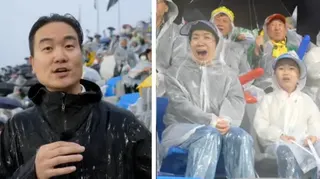 Composite image showing a BBC reporter wearing black rain coat on the left and supporters celebrating on the right