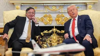 Colombian presidency press office/ handout Outgoing Colombian President Gustavo Petro and Trump at the White House in Feburary.