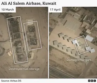 A satellite image showing damage at Ali Al Salem Airbase in Kuwait. On the left destroyed fuel buners are seen, while on the right damaged hangers are shown.