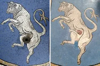 AFP via Getty Images / Instagram / Marco Granelli A composite image of the prancing bull mosaic in the Galleria Vittorio Emanuele II arcade in Milan. The left image shows the mosaic before its restoration in May 2026, with a hole in its genital area. The right image shows the restored mosaic with light pink stones placed in the area where the hole was.