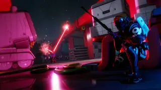 A person in futuristic sci-fi gear is crouched as two others fight each other in Marathon.