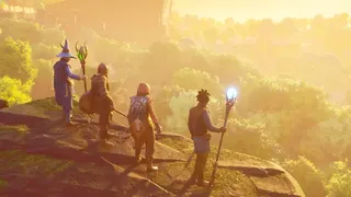 RuneScape Dragonwilds screenshot showing group of players in fantasy classes looking out over a sunset