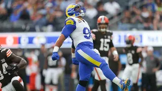 Los Angeles Rams defensive tackle Aaron Donald celebrating during a game at SoFi Stadium