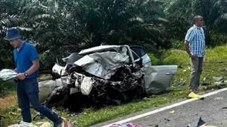One of the cars involved in an accident in Simpang Renggam yesterday. FILE PIC, COURTESY OF FIRE & RESCUE DEPT