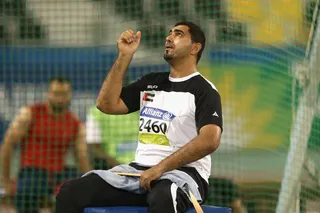 Abdullah Hayayei of UAE competes in the men's discus F34 final during the Evening Session on Day Ten of the IPC Athletics World Championships at Suhaim Bin Hamad Stadium on October 31, 2015 in Doha, Qatar