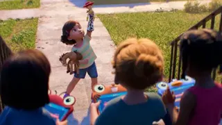 Disney Toy Story's young girl, Bonnie Anderson, holds up her favourite toys Jessie and Bullseye as her friends play on their tablets