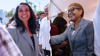 Nithya Raman, left, pictured alongside incumbent mayor Karen Bass, right