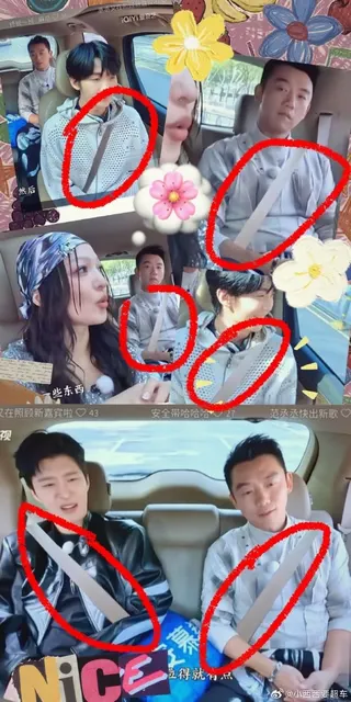 有網友眼尖發現，中國好幾檔綜藝節目當中，藝人搭車時身上的安全帶是「後期用P的」。翻攝自微博