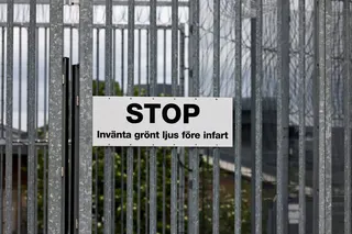 A stop sign on the gates of Rosersberg Prison near Stockholm, Sweden. Sweden is fighting a wave of gang crime. Photo: Reuters