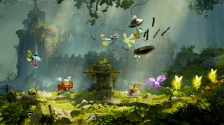 Rayman and Barbara run through a level in Rayman Legends Retold.