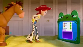 Disney Jessie and Bullseye standing on a bed and looking cross with Lilypad in Toy Story 5