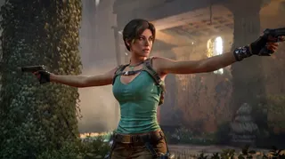 Lara Croft holds her two pistols at arms length in Tomb Raider Legacy of Atlantis