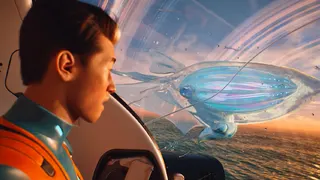 An explorer in Subnautica 2 looks out the window of their craft to see a flying aquatic creature drifting above the waves.