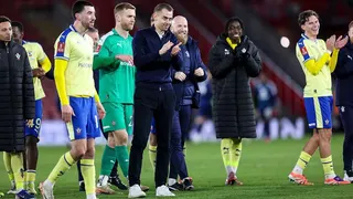 Southampton manager Tonda Eckert and the club's players applaud their fans at St. Mary's after beating Arsenal in the FA Cup semi final