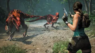 Lara shooting at dinosaurs in Tomb Raider: Legacy of Atlantis